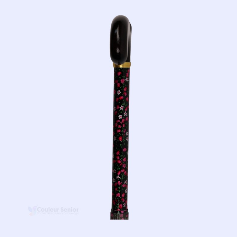 Système de réglage  à 90 degrés de la canne noire à fleurs, parfait pour les seniors actifs.