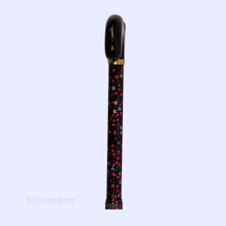 Système de réglage  à 90 degrés de la canne noire à fleurs, parfait pour les seniors actifs.