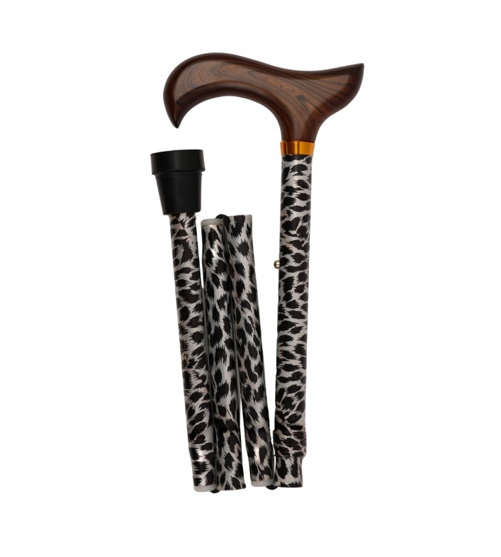 Élégante canne de marche pliante, style léopard, avec poignée en bois, motif original et remboursable par la Secú.
