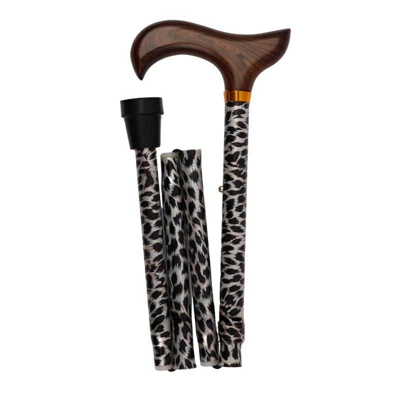Élégante canne de marche pliante, style léopard, avec poignée en bois, motif original et remboursable par la Secú.