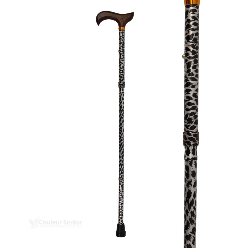 Canne de marche senior pliable en léopard, complète et très élégante. Éligible au remboursement Sécu.