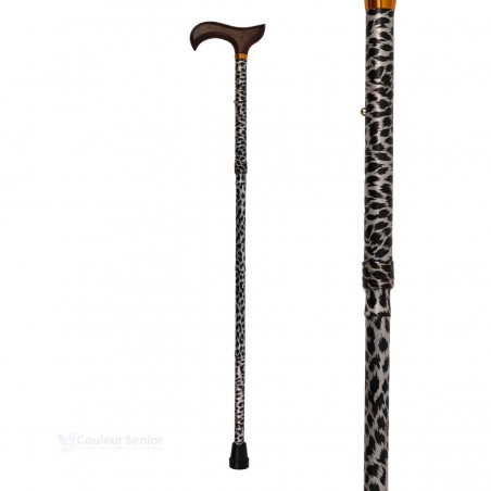 Canne de marche senior pliable en léopard, complète et très élégante. Éligible au remboursement Sécu.