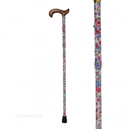 Canne de marche pliable et réglable pour femme avec motif de fleurs roses et bleues sur fond blanc. Excellente qualité.