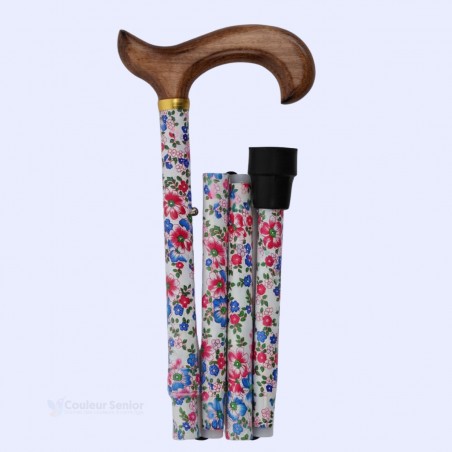 Canne de marche pliante et réglable pour seniors, magnifique motif floral rose, bleu et blanc. Très discrète, motif printanier.