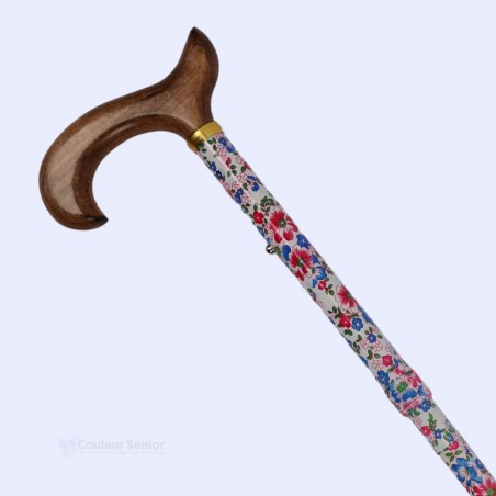Poignée Derby en bois clair, de canne de marche blanche à fleurs. Qualité et confort pour seniors. Idéal pour offrir en cadeau.