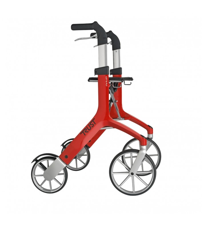 Déambulateur 4 roues Let's Fly Trust rouge léger aluminium de profil avec grandes roues argent