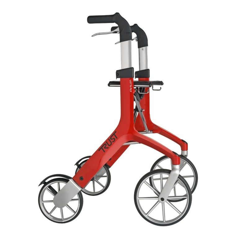Déambulateur 4 roues Let's Fly Trust rouge léger aluminium de profil avec grandes roues argent