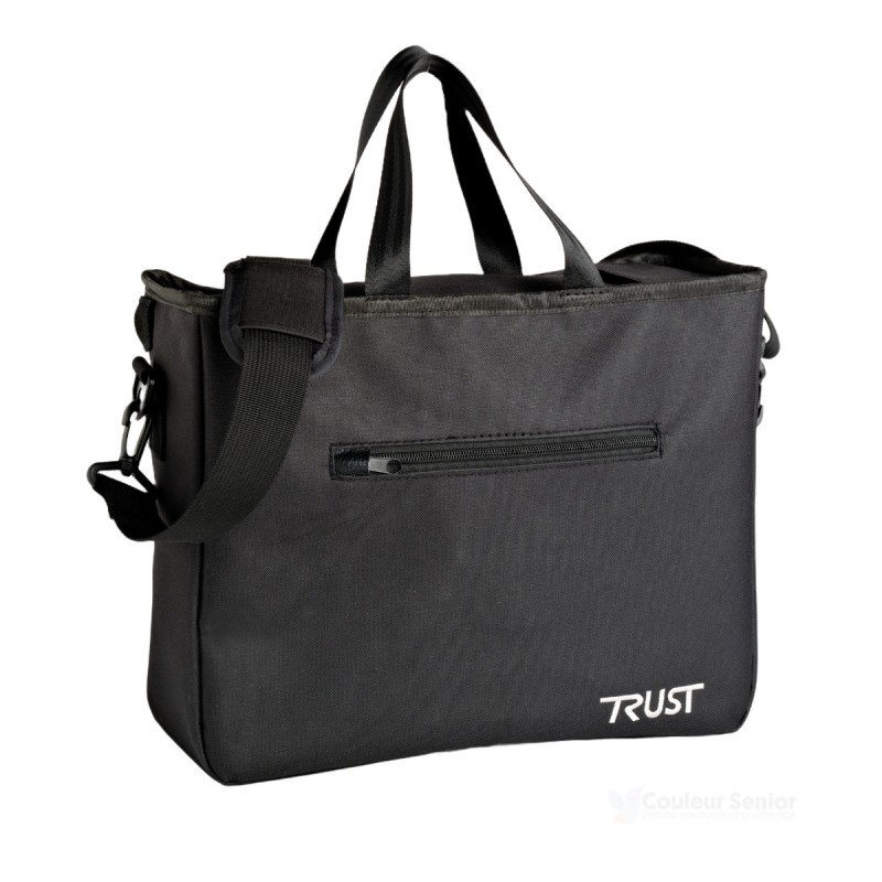 Sac de transport noir avec bandoulière et logo Trust pour déambulateur 4 roues Let's Fly rouge