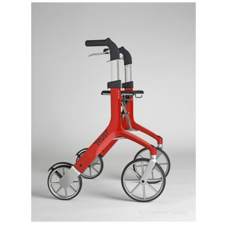 Rollator 4 roues Let's Fly Trust rouge cadre aluminium léger de profil sur fond gris clair