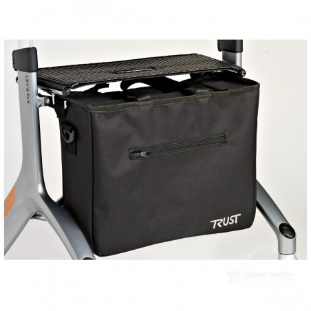 Sac noir fixé sous le siège du déambulateur 4 roues Let's Fly Trust cadre aluminium argent