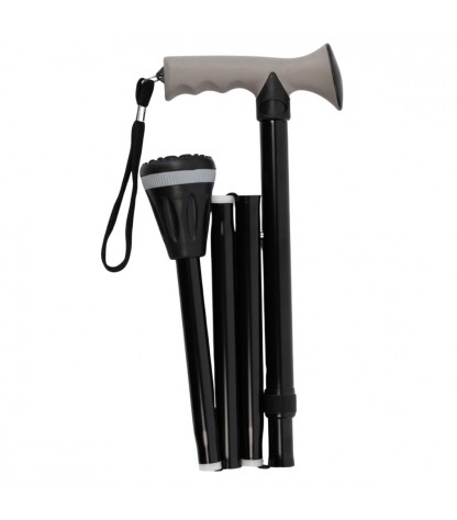 Canne de marche pliable en aluminium noir avec poignée ergonomique en Soft Touch gris.