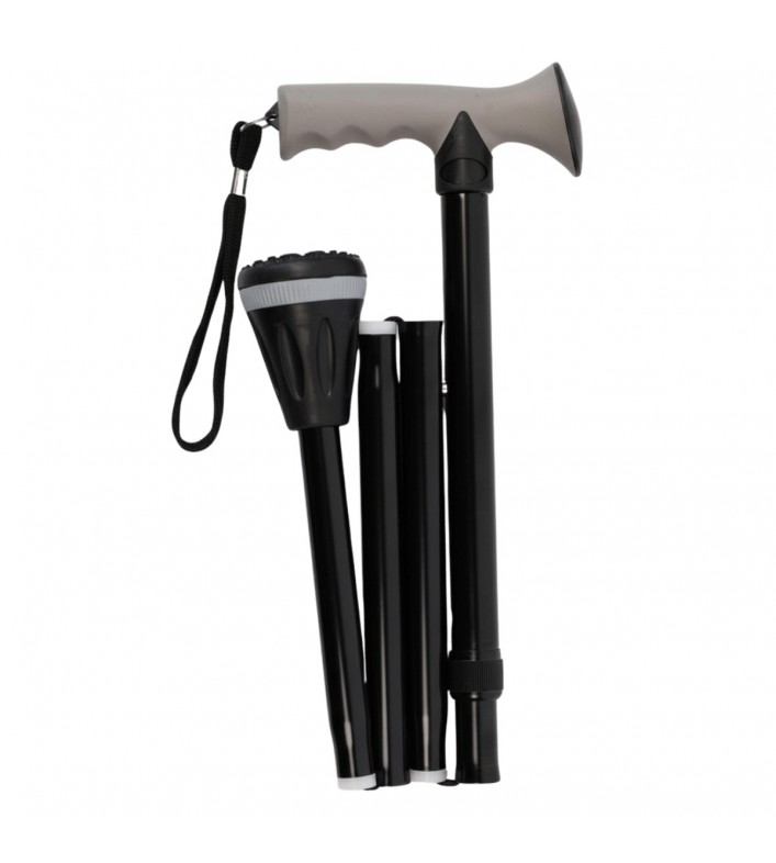 Canne de marche pliable en aluminium noir avec poignée ergonomique en Soft Touch gris.