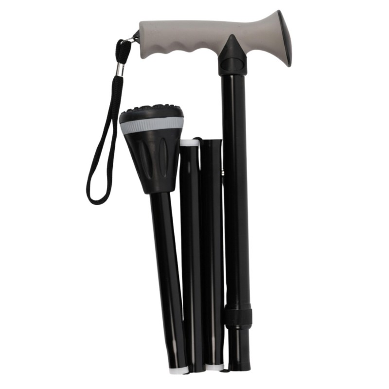 Canne de marche pliable en aluminium noir avec poignée ergonomique en Soft Touch gris.
