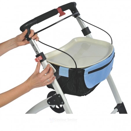 Plateau et  sac bleu du déambulateur Neo Indoor : le bouton rouge de réglage de la hauteur est visible. Rollator pour seniors.