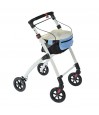 Déambulateur 4 roues Neo Indoor blanc avec plateau de desserte et sac bleu amovible. Éligible au remboursement de la Secú.