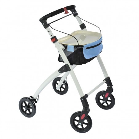 Déambulateur 4 roues Neo Indoor blanc avec plateau de desserte et sac bleu amovible. Éligible au remboursement de la Secú.