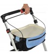 Vue du plateau de desserte beige et du sac bleu de l’ambulateur Neo Indoor, avec sa poignée ergonomique.  Qualité de pharmacie.