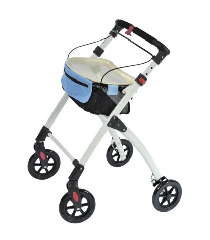 Déambulateur 4 roues Neo Indoor blanc avec plateau de desserte et sac bleu amovible. Idéal pour de petits appartements.