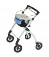 Déambulateur 4 roues Neo Indoor blanc avec plateau de desserte et sac bleu amovible. Idéal pour de petits appartements.
