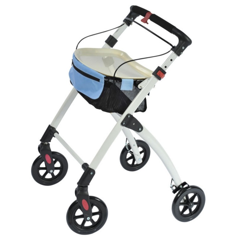 Déambulateur 4 roues Neo Indoor blanc avec plateau de desserte et sac bleu amovible. Idéal pour de petits appartements.