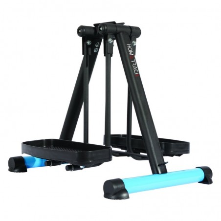 Pédalier elliptique compact HomeTrack vue d'ensemble noir et bleu sur fond blanc