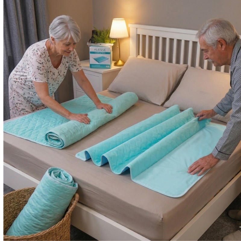 Couple senior installant une alèse lavable avec rabats sur lit double – protection incontinence nuit