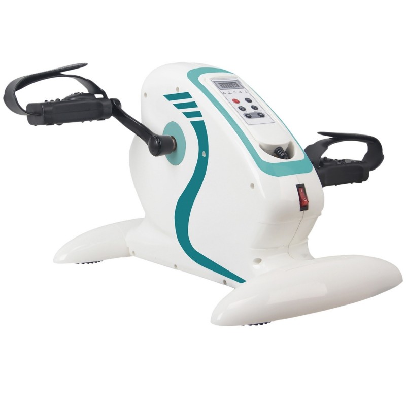 Mini vélo électrique d'appartement VP159R blanc et turquoise – pédalier motorisé avec écran digital