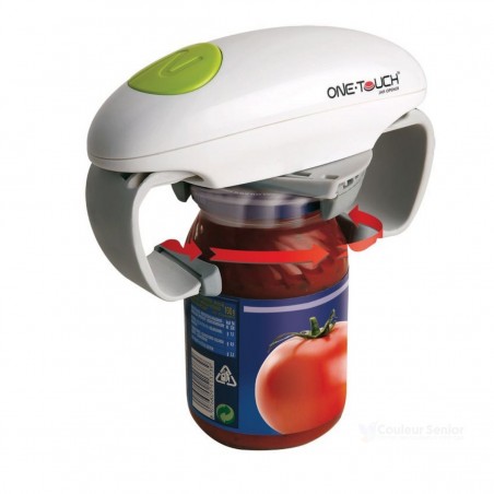 Ouvre-bocal automatique One Touch posé sur bocal de tomates – mécanisme adaptation automatique couvercle
