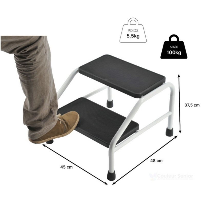 Marchepied 2 marches acier blanc avec dimensions 45x48x37,5cm et charge maximale 100kg
