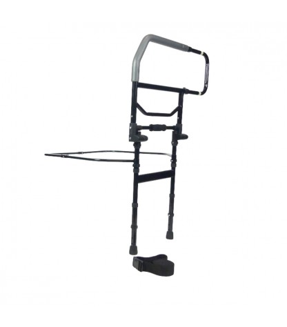 Barrière de lit escamotable sur pied vue ensemble avec sangle de sécurité noire incluse