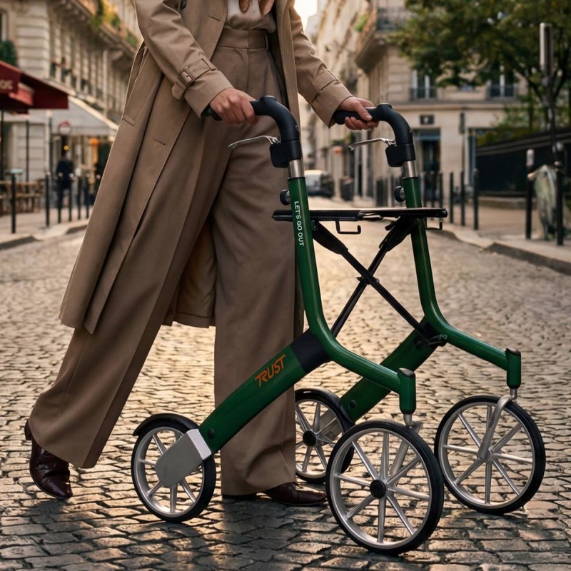 Le rollator Let's Go Out sur un chemin pavé urbain, démontrant sa maniabilité exceptionnelle en ville.