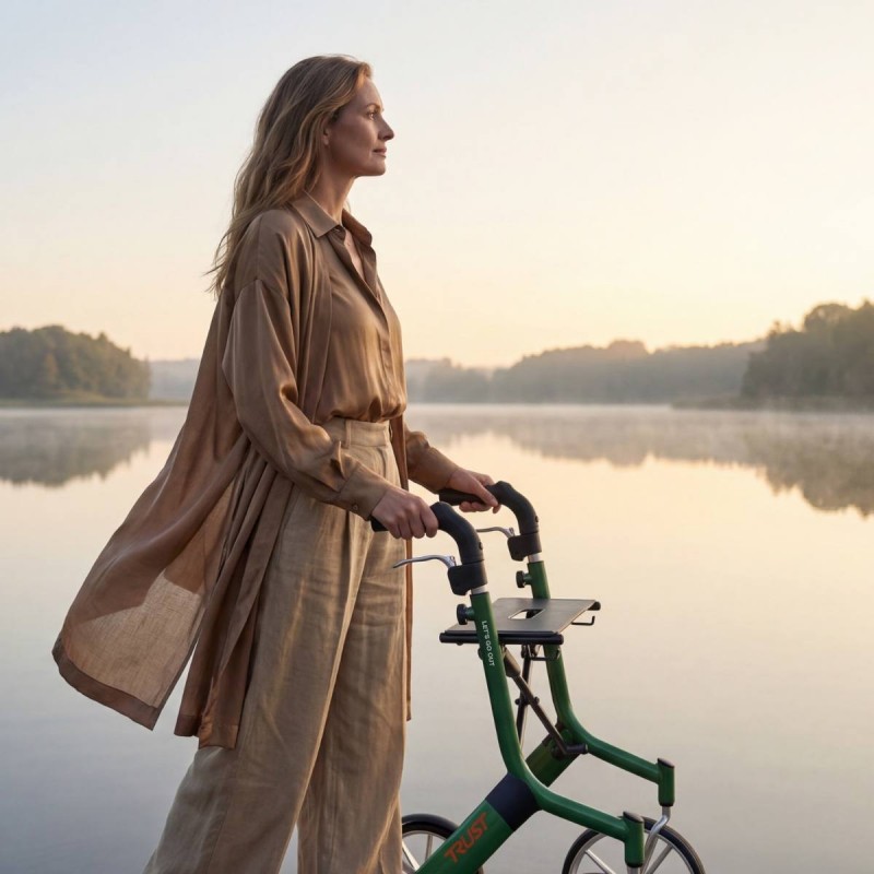Femme utilisant le déambulateur Let's Go Out vert Trustcare en promenade au bord du lac