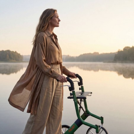 Femme utilisant le déambulateur Let's Go Out vert Trustcare en promenade au bord du lac