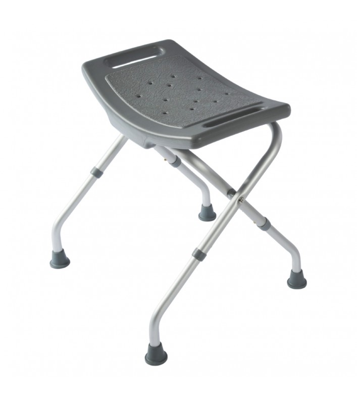 Tabouret de douche gris  pliable antidérapant en aluminium, réglable en hauteur, idéal pour les seniors.