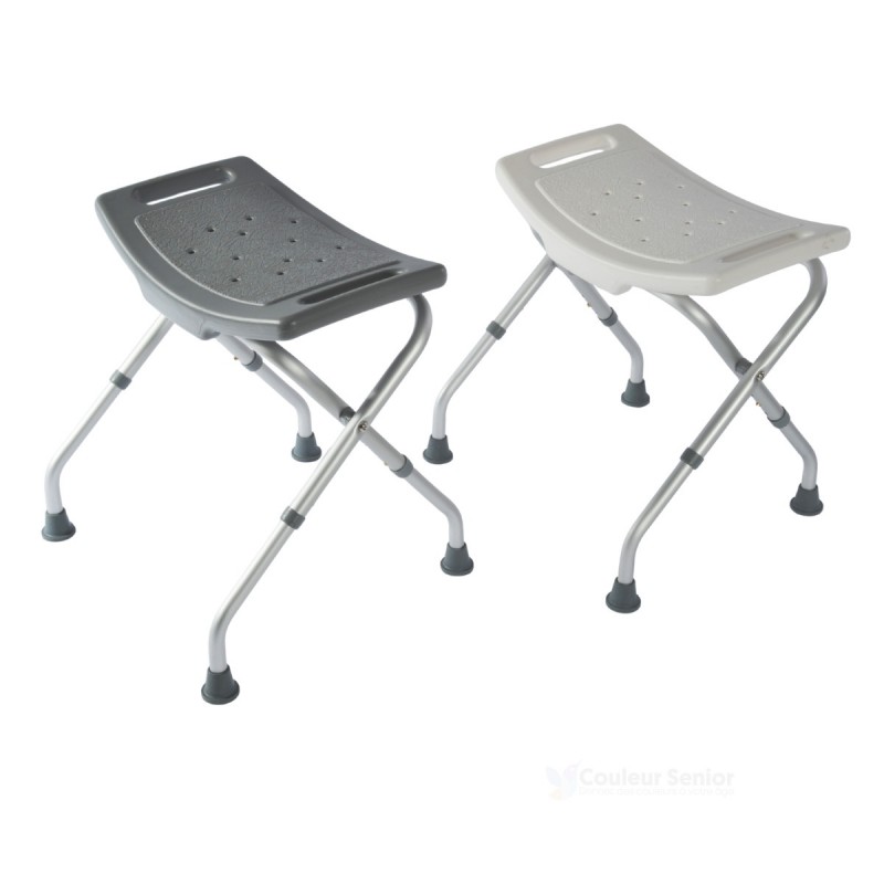 Tabouret de douche pliable antidérapant en aluminium, disponibles en blanc et gris. Support 100kg.