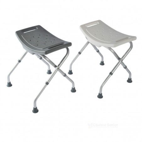 Tabouret de douche pliable antidérapant en aluminium, disponibles en blanc et gris. Support 100kg.