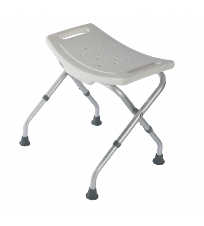 Tabouret de douche blanc pliable antidérapant en aluminium, réglable en hauteur, idéal pour les seniors. Qualite pharmacie.