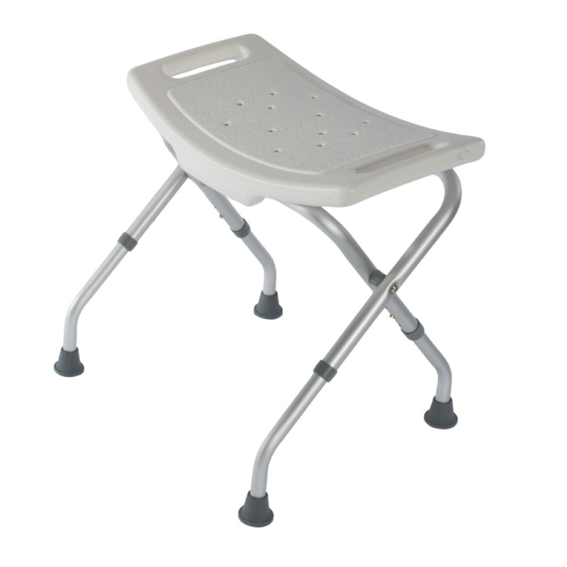 Tabouret de douche blanc pliable antidérapant en aluminium, réglable en hauteur, idéal pour les seniors. Qualite pharmacie.