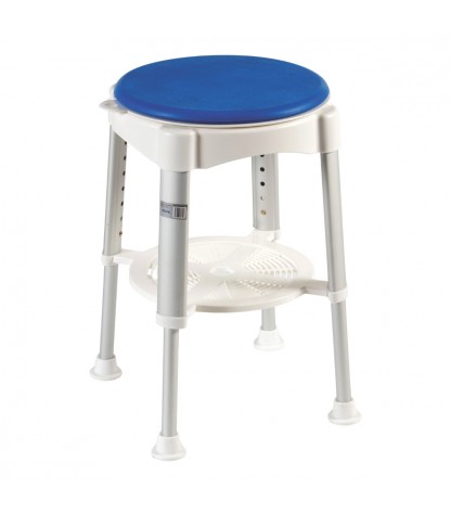 Tabouret de douche pivotant Santorin de qualité, avec coussin bleu et plateau intégré - vue d'ensemble. Idéal pour seniors.