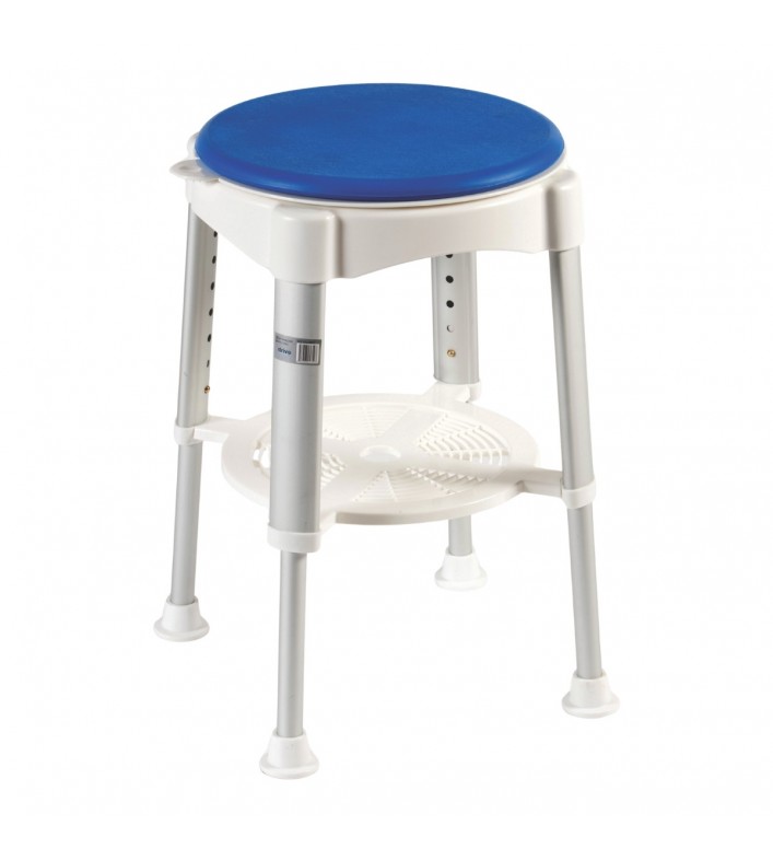 Tabouret de douche pivotant Santorin de qualité, avec coussin bleu et plateau intégré - vue d'ensemble. Idéal pour seniors.