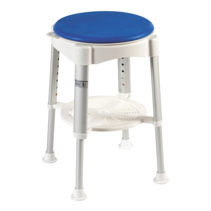 Tabouret de douche pivotant Santorin de qualité, avec coussin bleu et plateau intégré - vue d'ensemble. Idéal pour seniors.