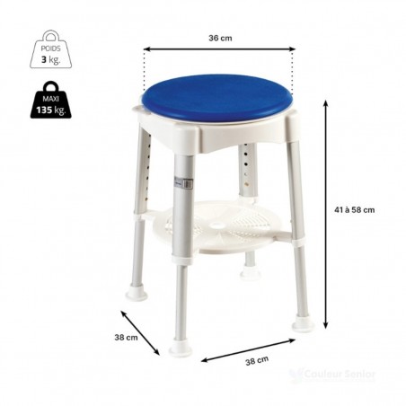 Tabouret de douche, hauteur réglable de 41 à 58 cm, supportant un poids maximal de 135 kg. Idéal pour les seniors.