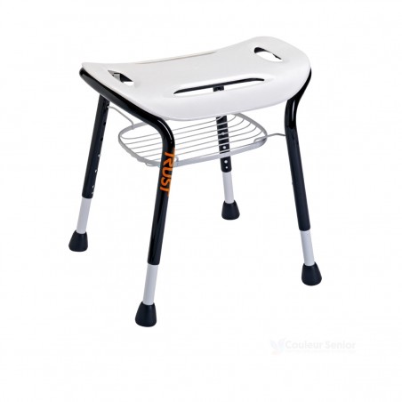 Tabouret douche TrustCare Let's Sing blanc vue trois quarts panier métallique pieds réglables noirs