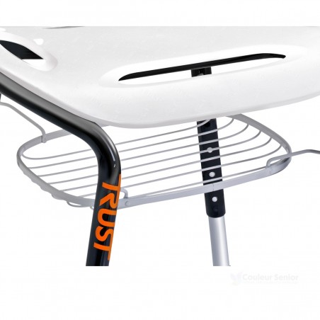 Gros plan panier métallique sous assise tabouret douche TrustCare Let's Sing rangement accessoires