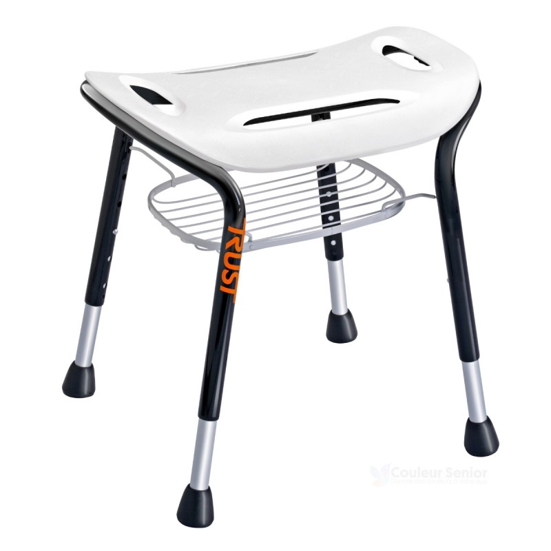 Tabouret de douche TrustCare Let's Sing blanc et noir vue de face panier intégré pieds télescopiques
