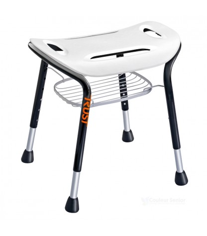 Tabouret douche TrustCare Let's Sing blanc panier fil métallique vue face structure tubulaire noire