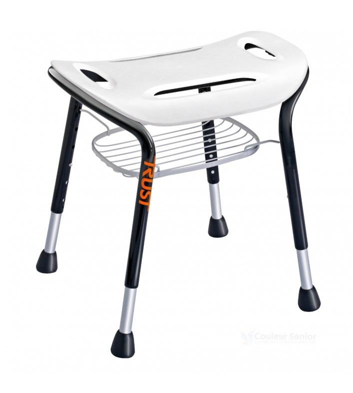 Tabouret douche TrustCare Let's Sing blanc panier fil métallique vue face structure tubulaire noire