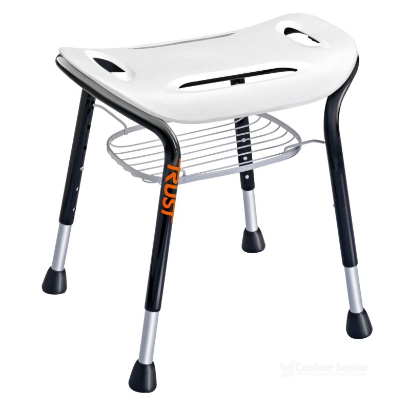 Tabouret douche TrustCare Let's Sing blanc panier fil métallique vue face structure tubulaire noire