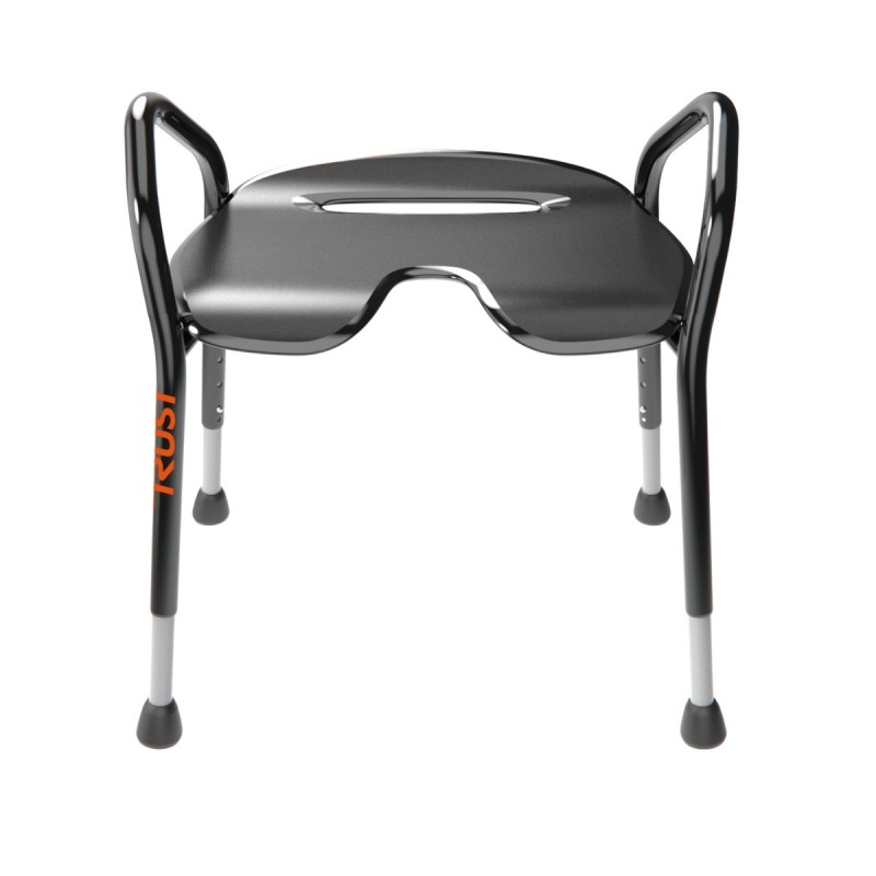 Vue de face tabouret douche élégant noir assise ergonomique découpe intime poignées latérales sécurité