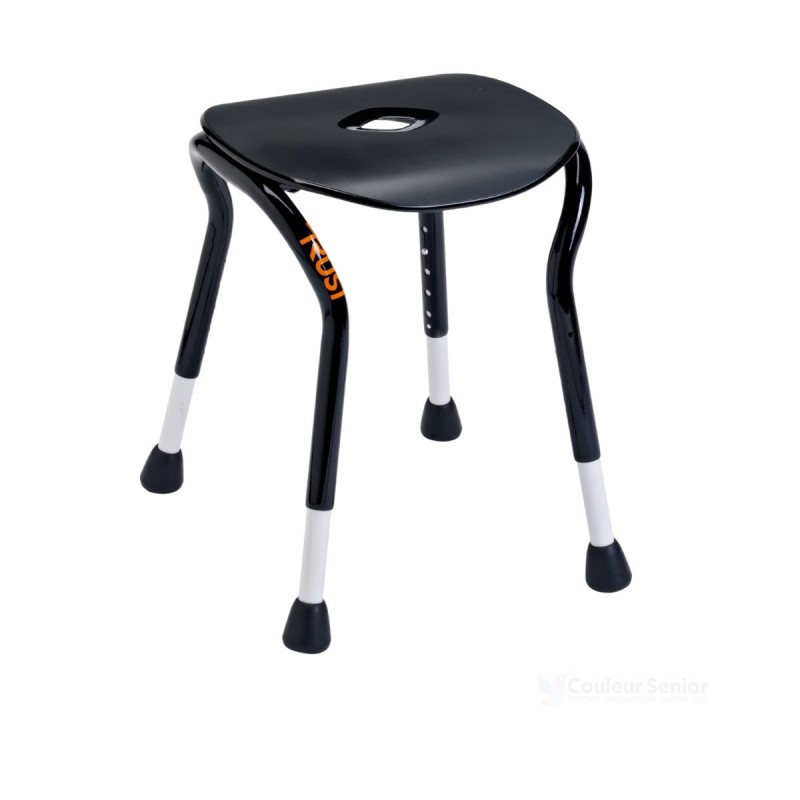 Tabouret douche maniable élégant noir assise ergonomique pieds télescopiques réglables vue trois quarts